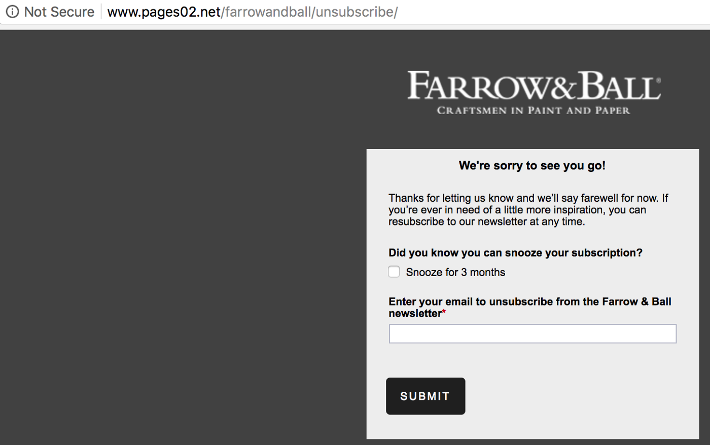 A landing page asking to enter email address to unsubscribe and a warning that the page is not secure.