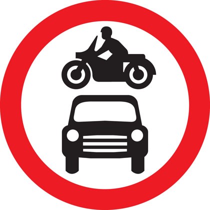 A white circular sign framed with a red border. In the centre of the sign is a motorbike and a car.
